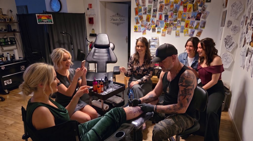 Een groep van vijf vrouwen in een tattoostudio, waarbij één vrouw een tatoeage op haar been krijgt van tattoo artiest Marino
