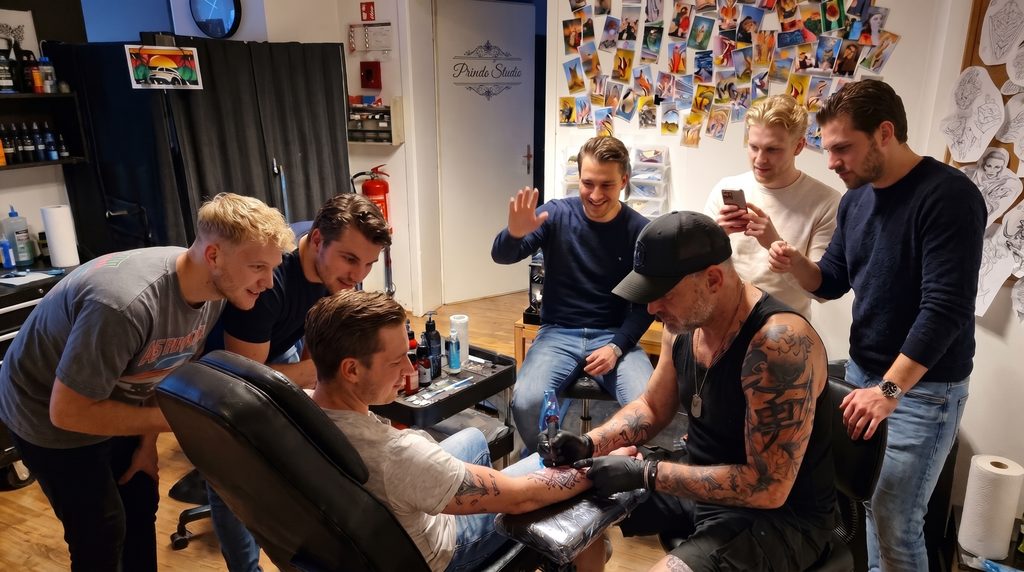 Vriendengroep viert een vrijgezellenfeest in een tattooshop terwijl één van hen een tatoeage laat zetten